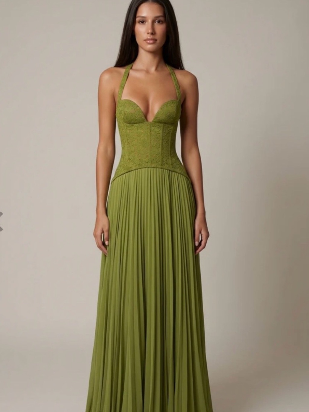 Olive Green Halter Corset Evening Dress (Small-Medium)